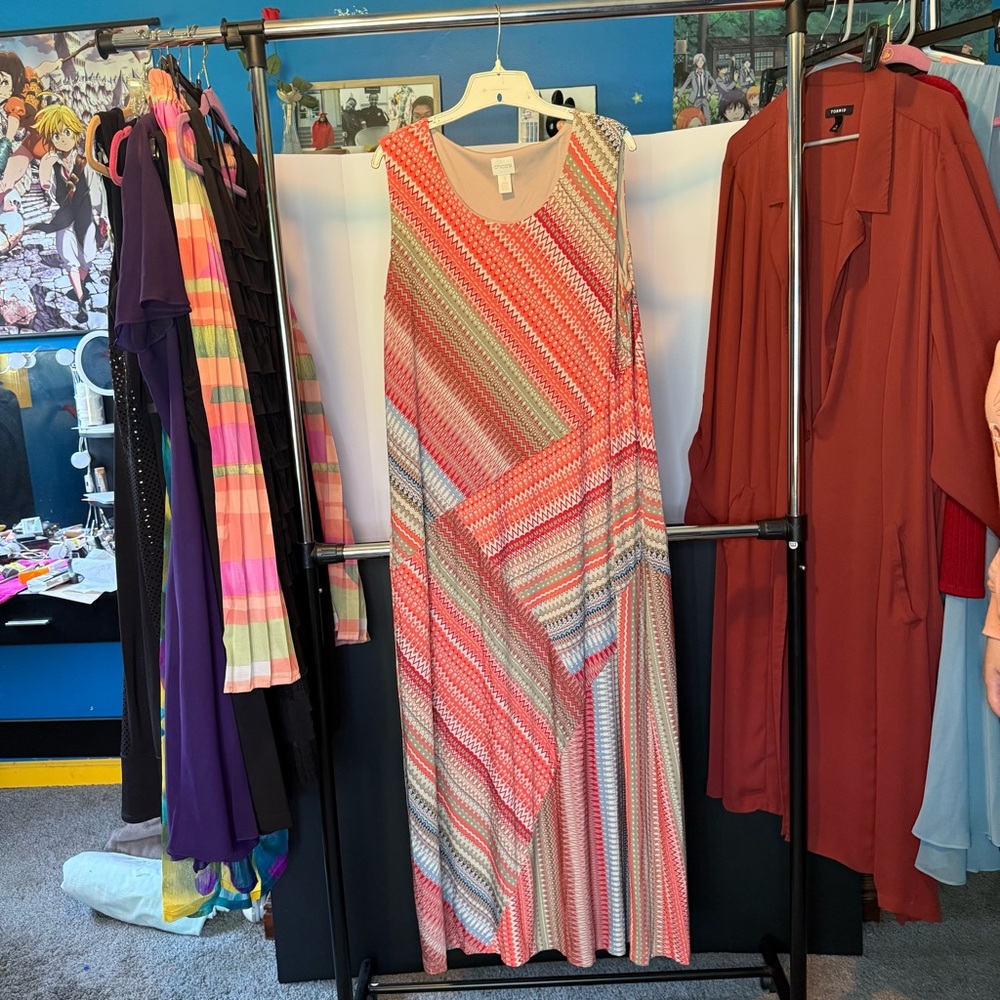 Chico's Size 3 Island Breeze Red/Orange Patterned tank Tamra Maxi Dress - Picture 5 of 8
